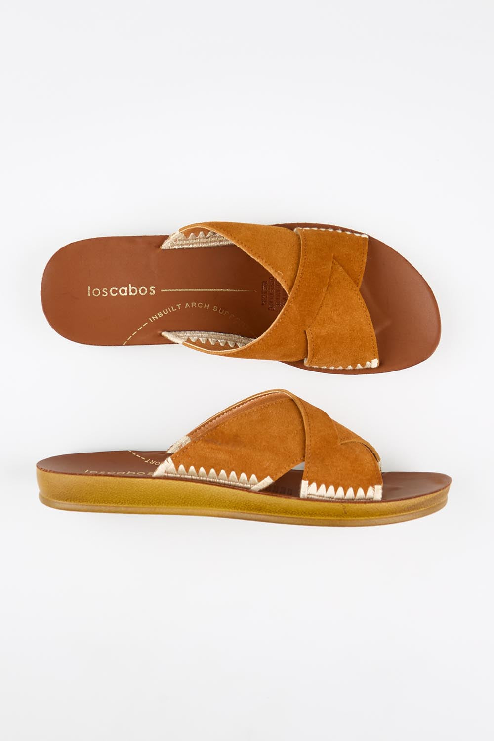 Model Genericm wearing size sample of the Boccia Slide - Brandy in colour Brandy, in a cropped view