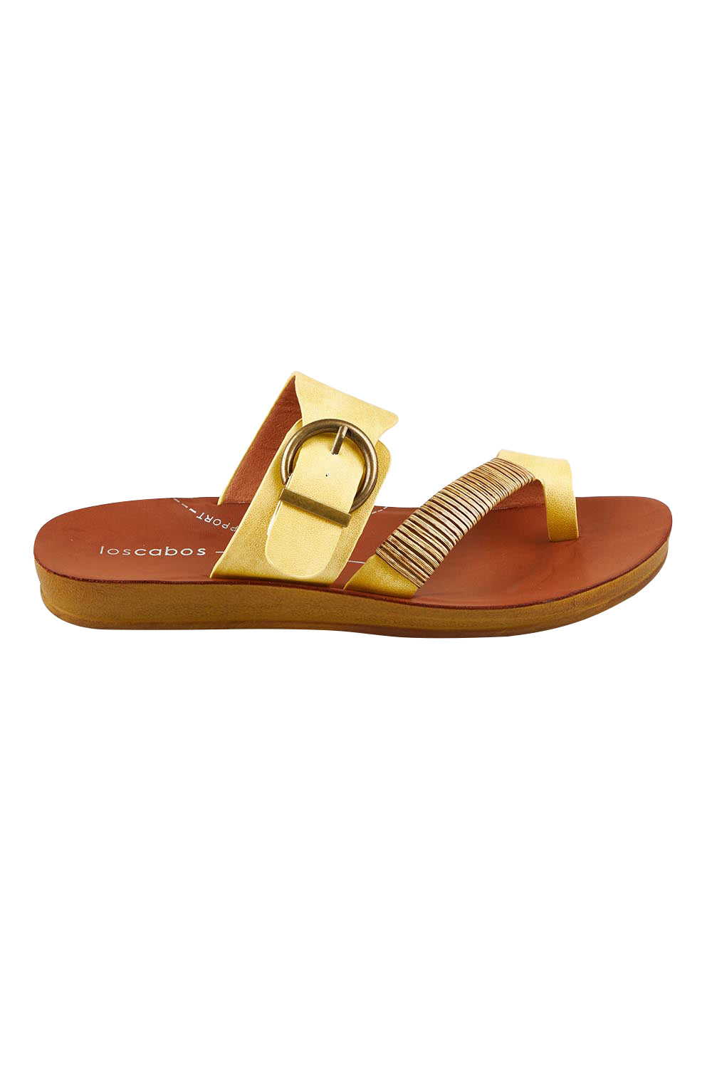 Product shot of the Bria Flat Sandal in colour Sunset, from the front