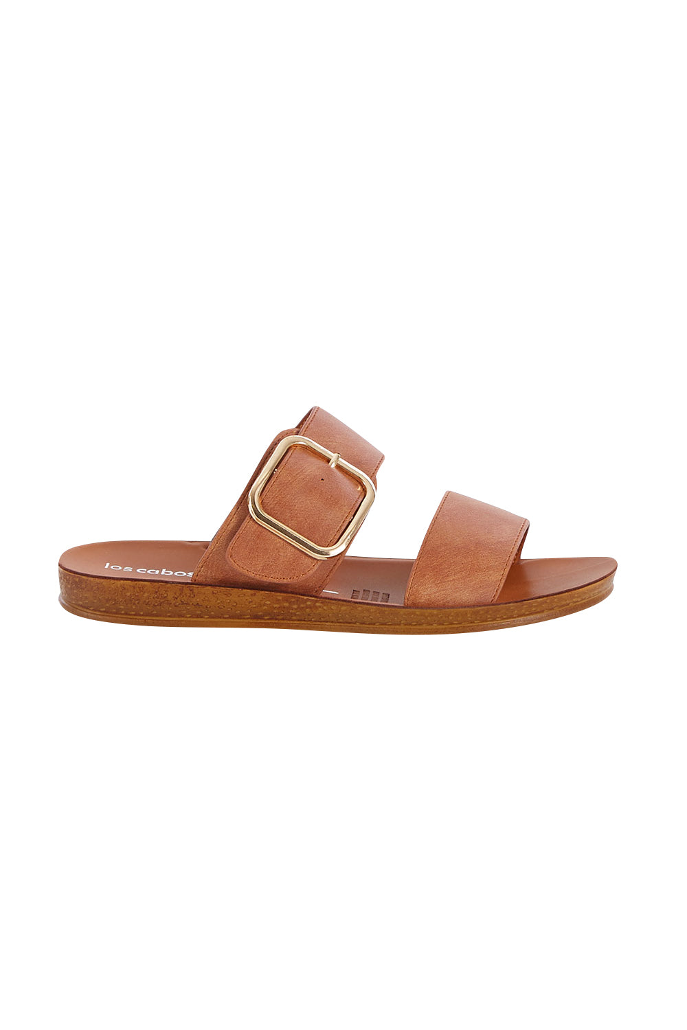 Product shot of the Doti Double Strap Slide in colour Chocolate, from the front