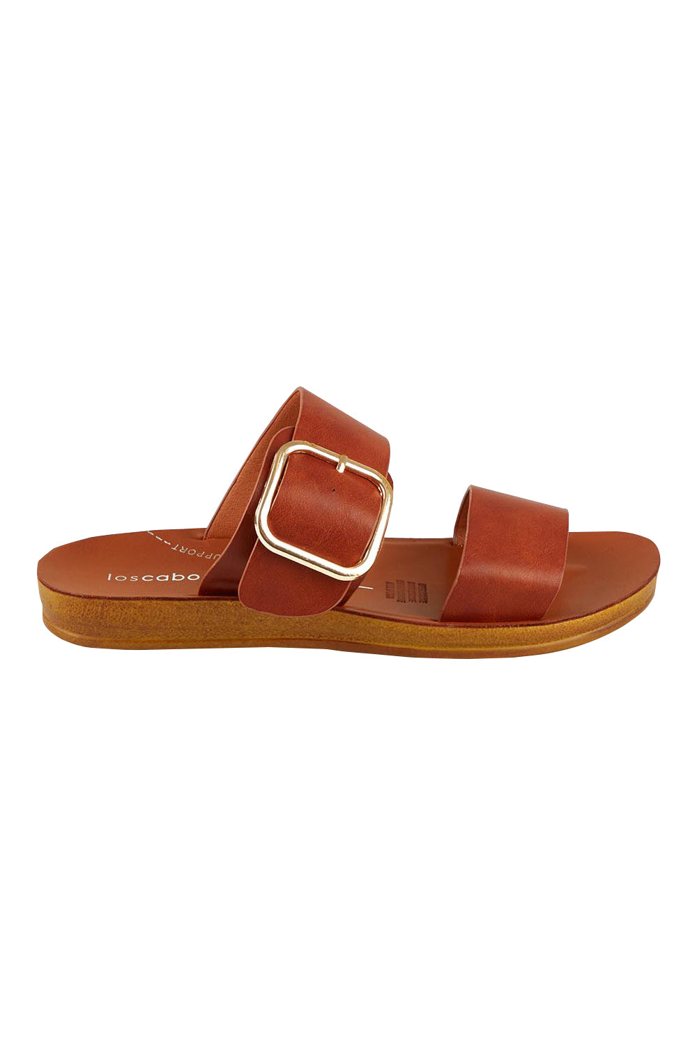 Product shot of the Doti Double Strap Slide in colour Cognac, from the front