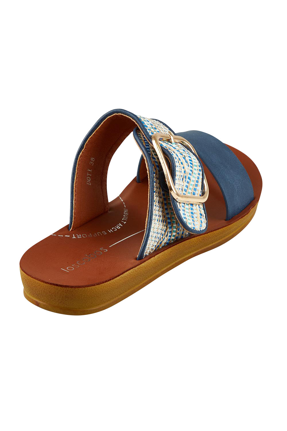 Product shot of the Doti Double Strap Slide in colour Navymulti (Blue), from the back