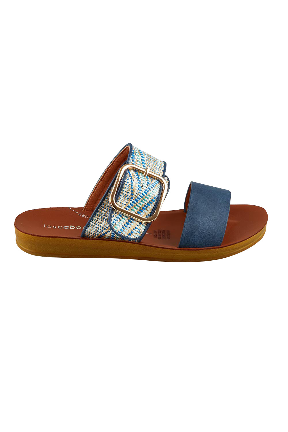 Product shot of the Doti Double Strap Slide in colour Navymulti (Blue), from the front