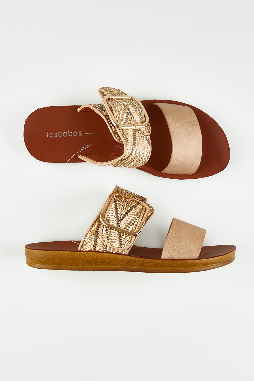 A model wearing size 37 of the Doti Double Strap Slide in colour Taupemulti, from the front, showing the whole outfit