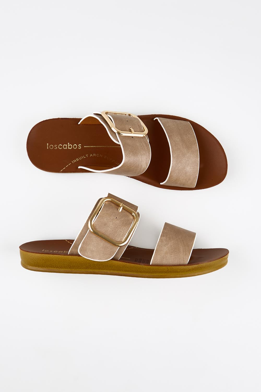 Model Genericm wearing size sample of the Doti Double Strap Slide - Taupewhiteedge in colour Taupewhiteedge, from an angle