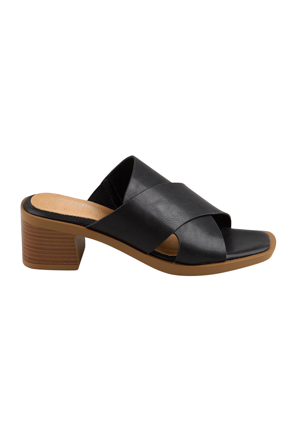 Product shot of the Meri Heel - Black in colour Black, from the front