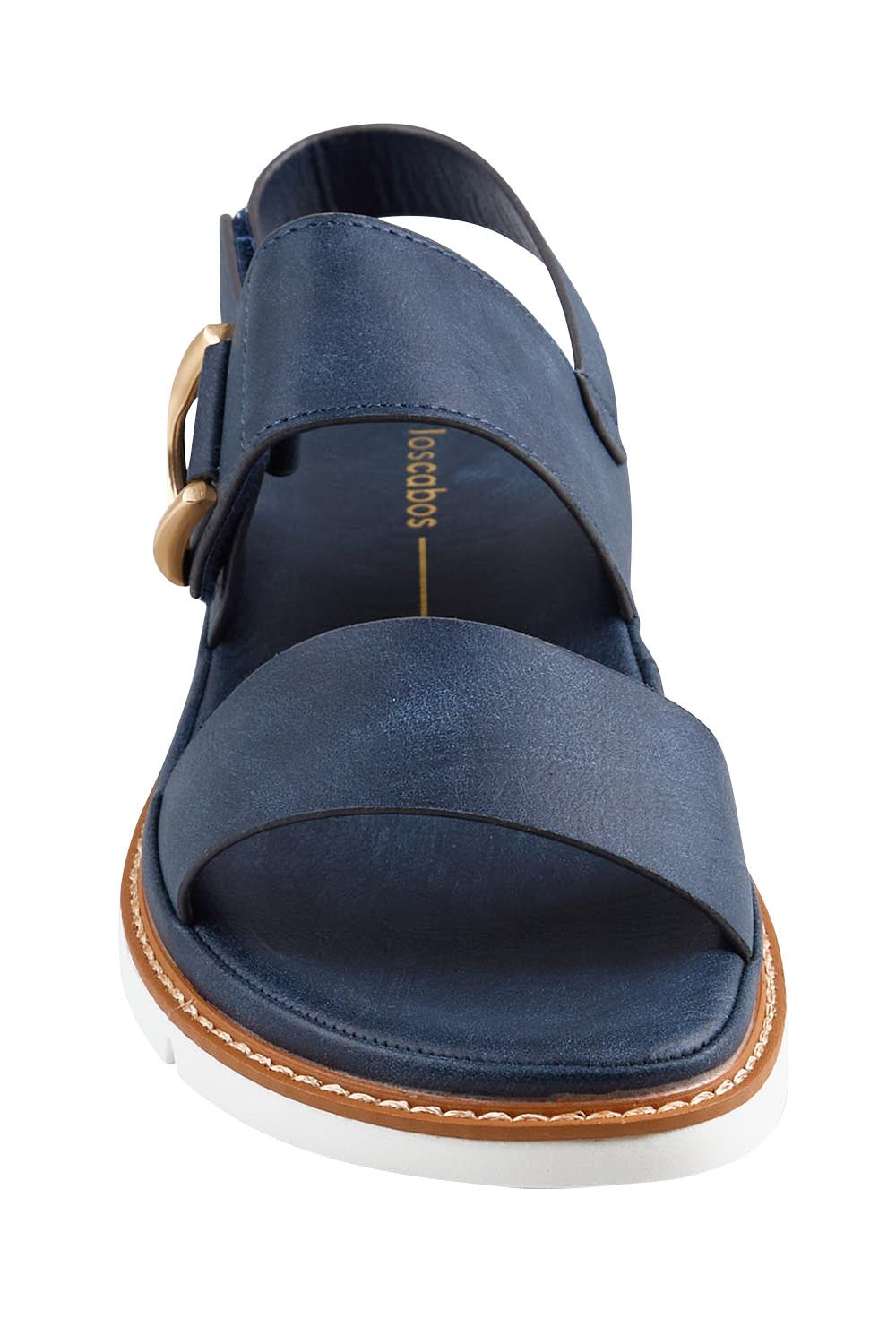 Product shot of the Sana Buckle Sandal - Navy in colour Navy, showing detail