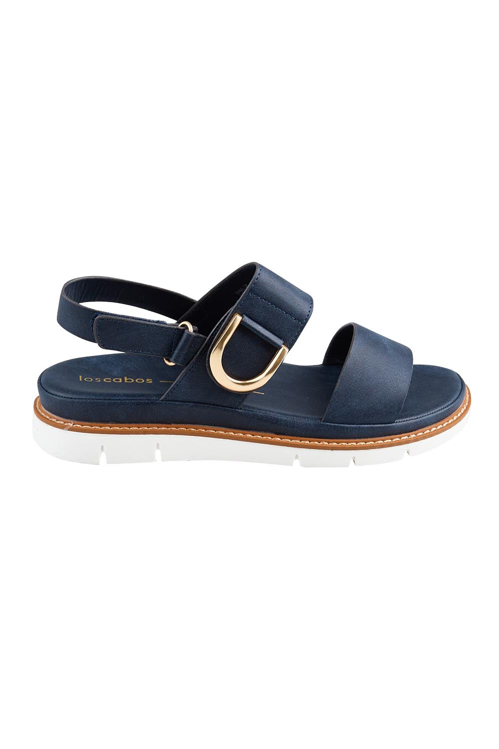 Product shot of the Sana Buckle Sandal - Navy in colour Navy, from the front