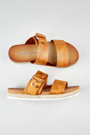 A model wearing size 37 of the Titan Sandal in colour Brandy, from the front, showing the whole outfit