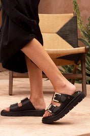 Product shot of the Toledo Sandal - Black in colour Black, from the front