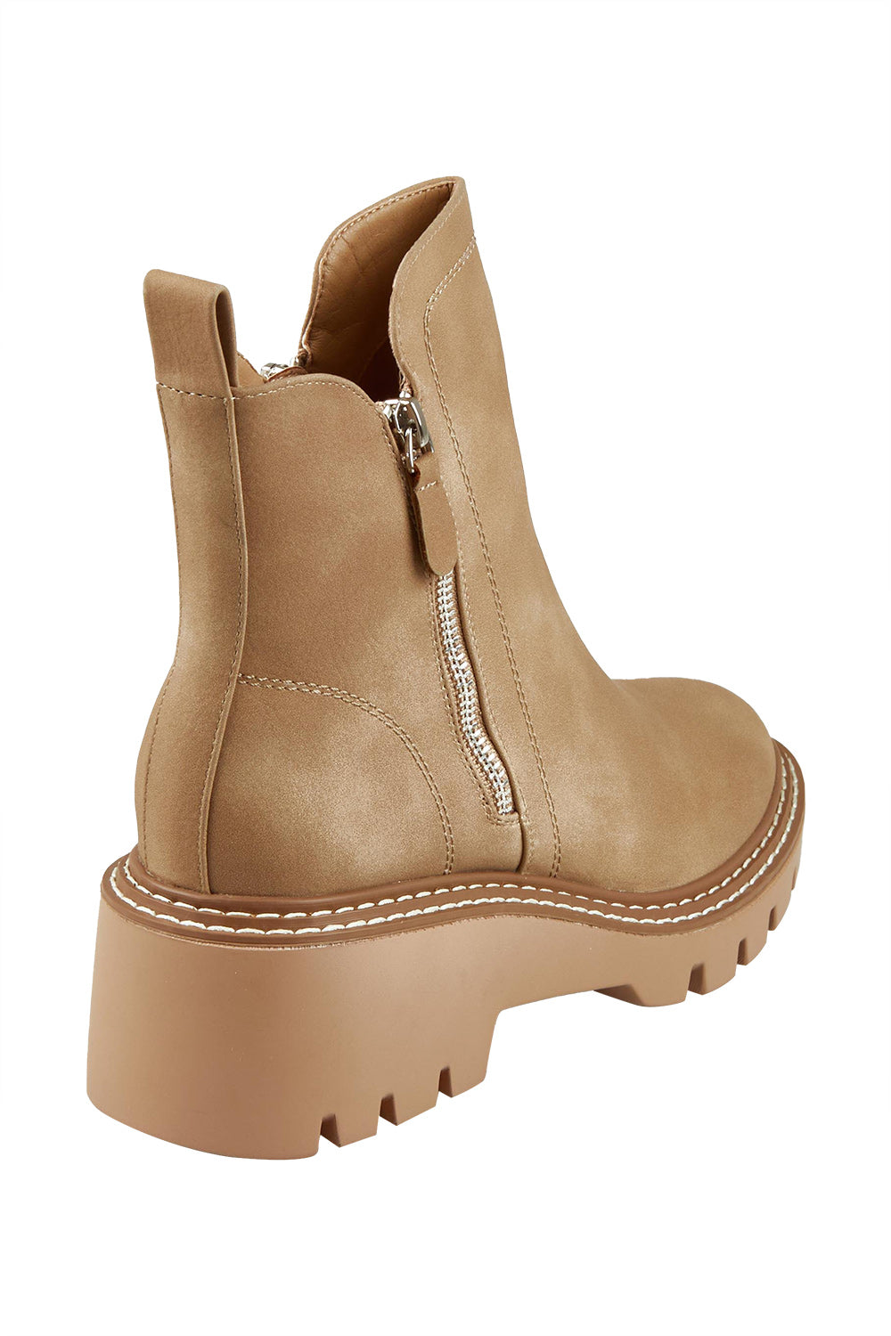 Product shot of the Vianne Double Zip Boot in colour Taupe, from the back