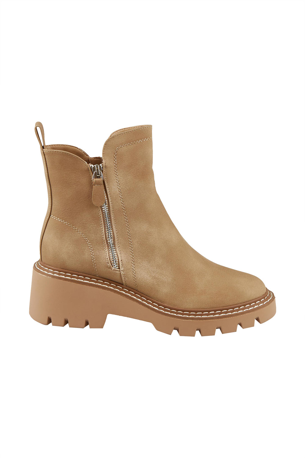 Product shot of the Vianne Double Zip Boot in colour Taupe, from the front
