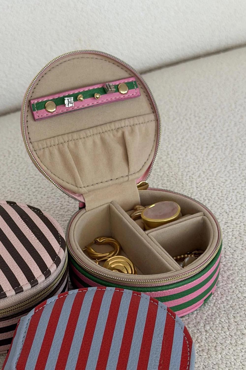 Product shot of the Sisco Stripe Jewellery Box - Greenpinkstripe in colour Greenpinkstripe, from the front