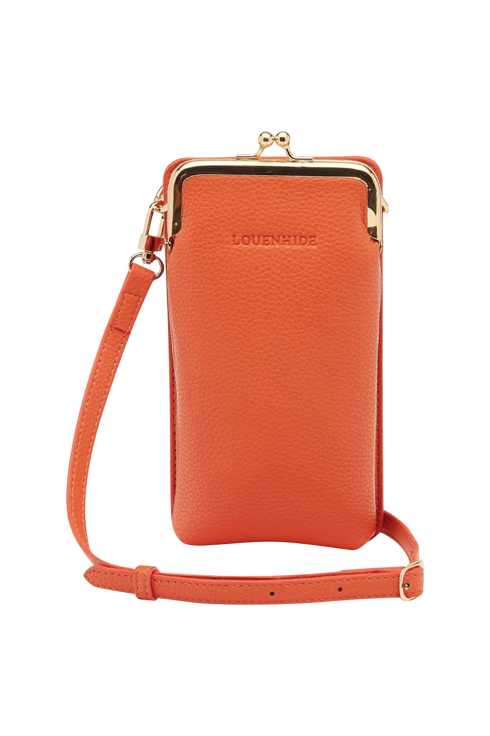 Product shot of the Billie Crossbody Phone Bag in colour Orange, from the front