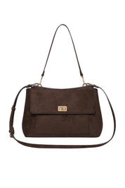 Product shot of the Arden Suedette Shoulder Bag in colour Chocolate, from the front
