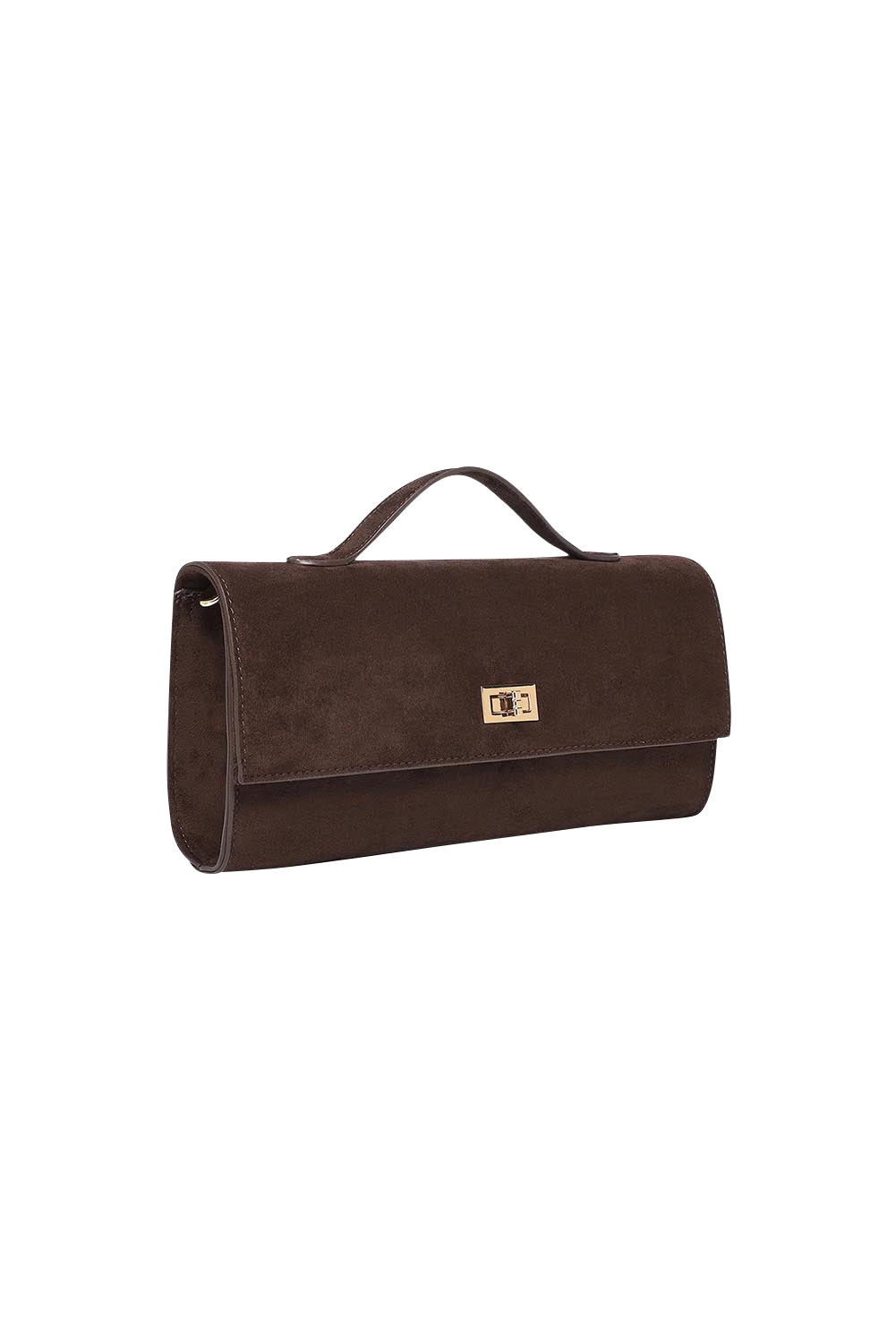 Product shot of the Delaney Suedette Clutch Handbag in colour Chocolate, detail