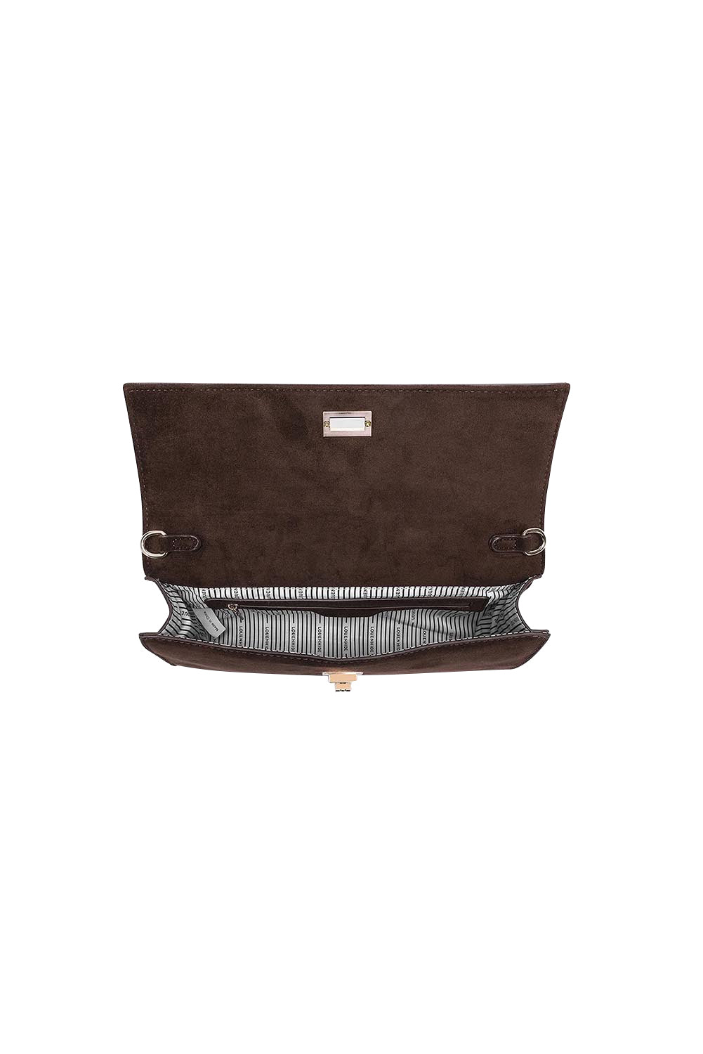 Product shot of the Delaney Suedette Clutch Handbag in colour Chocolate, detail