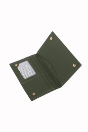 Product shot of the Venice Passport Wallet in colour Olive (Green), detail