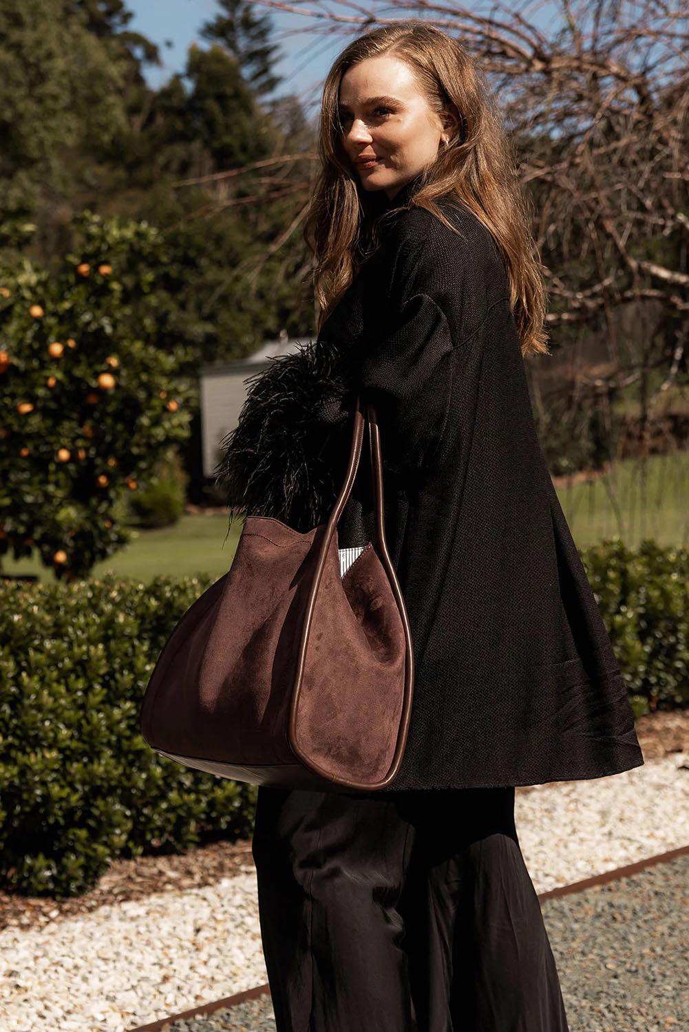 Product shot of the Sutton Suedette Shoulder Bag - Chocolate in colour Chocolate, from the back