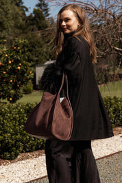 Product shot of the Sutton Suedette Shoulder Bag - Chocolate in colour Chocolate, from the back