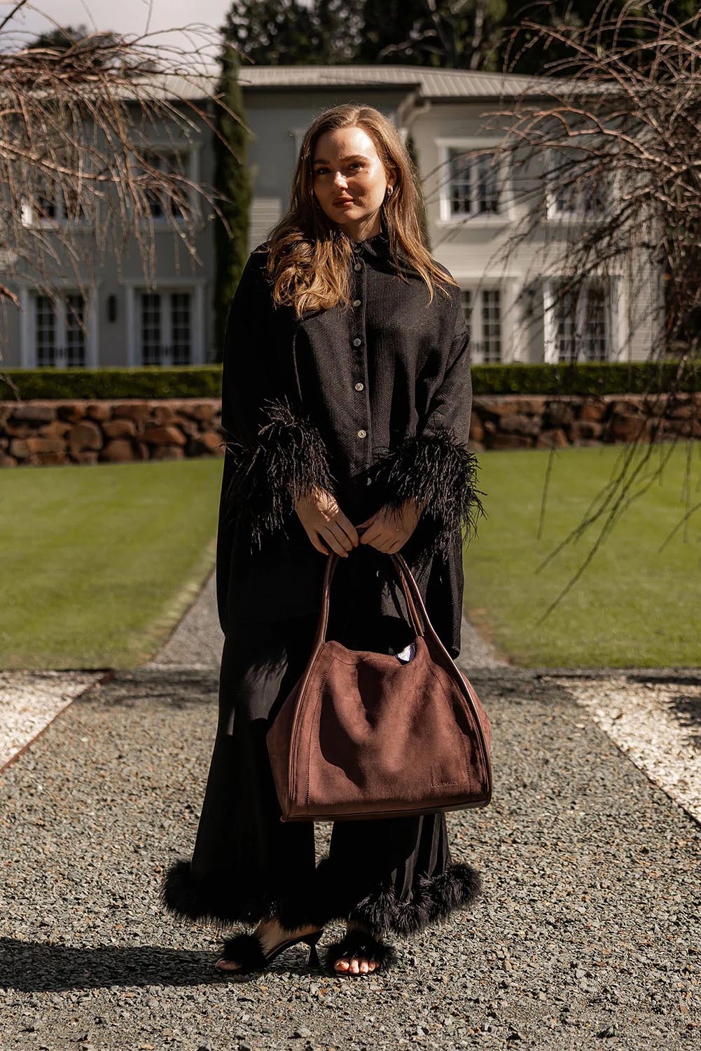 Product shot of the Sutton Suedette Shoulder Bag - Chocolate in colour Chocolate, showing detail