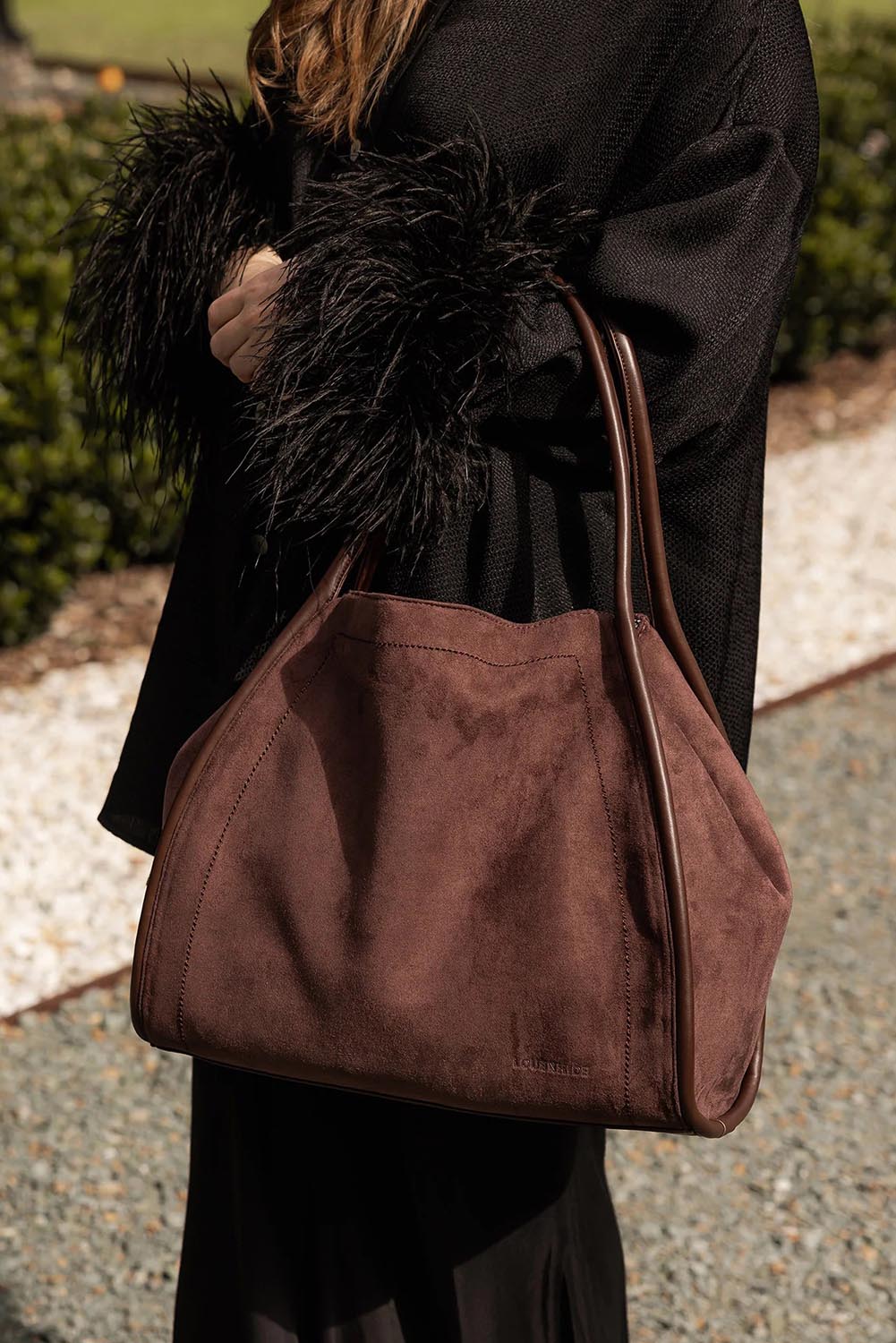 Product shot of the Sutton Suedette Shoulder Bag - Chocolate in colour Chocolate, from the front