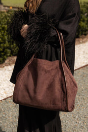 Product shot of the Sutton Suedette Shoulder Bag - Chocolate in colour Chocolate, from the front