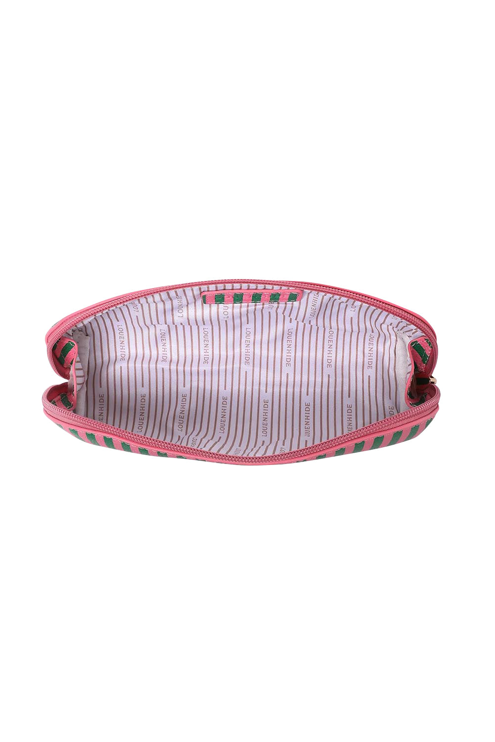 Product shot of the Jayne Stripe Makeup Bag - Greenpinkstripe in colour Greenpinkstripe, from the back