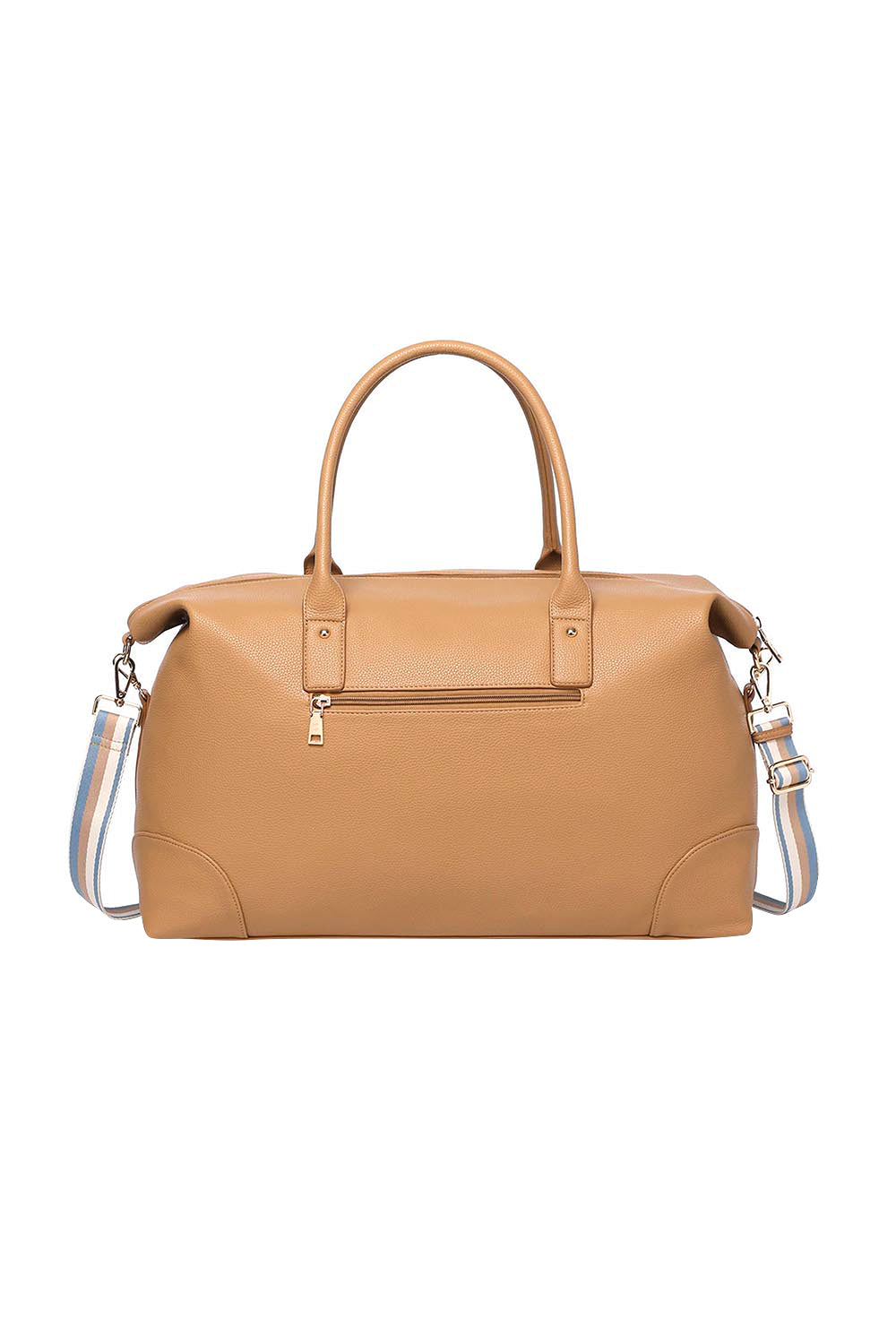 Product shot of the Alexis Stripe Weekender Travel Bag - Camel in colour Camel, from the back