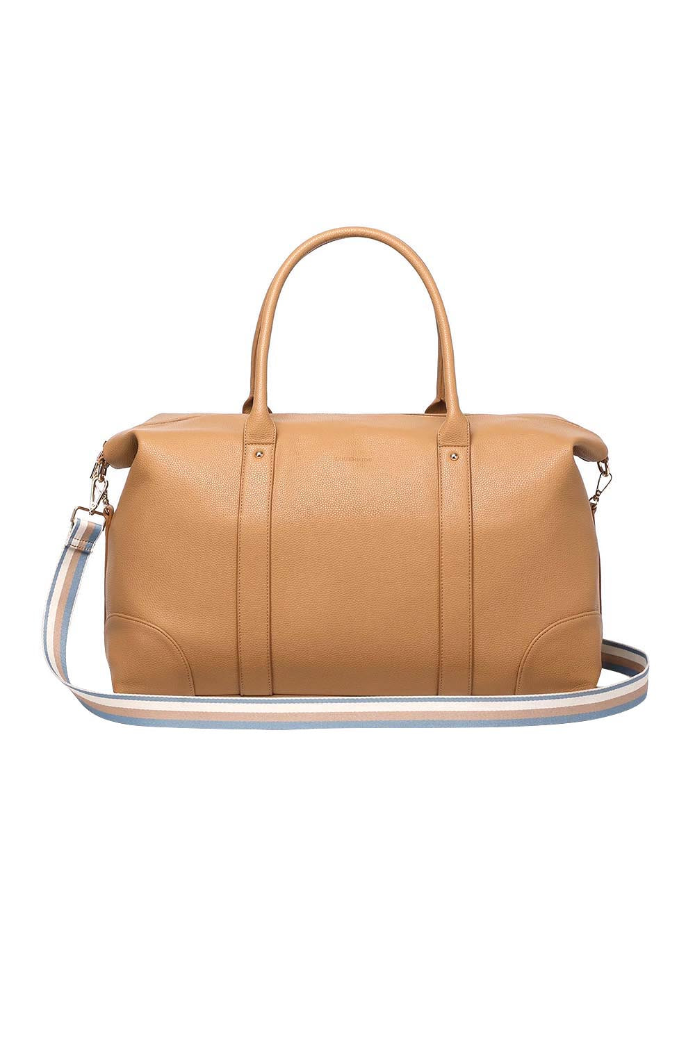 Product shot of the Alexis Stripe Weekender Travel Bag - Camel in colour Camel, from the back