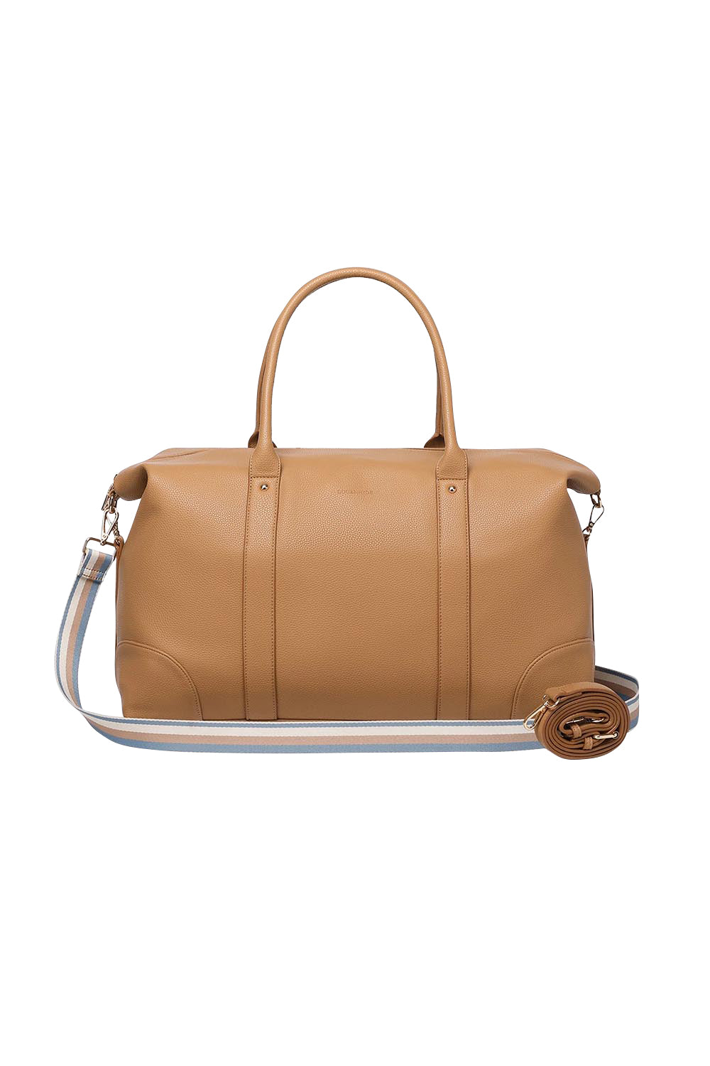 Product shot of the Alexis Stripe Weekender Travel Bag - Camel in colour Camel, from the front