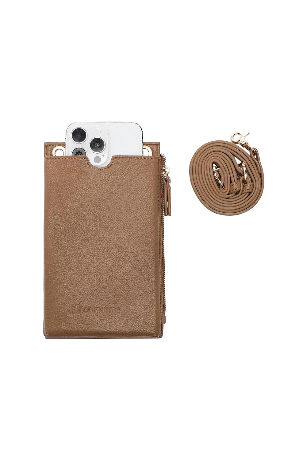 Product shot of the Suki Phone Bag in colour Caramel, detail