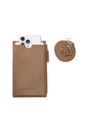 Product shot of the Suki Phone Bag in colour Caramel, detail