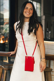 Product shot of the Suki Phone Bag - Red in colour Red, showing detail