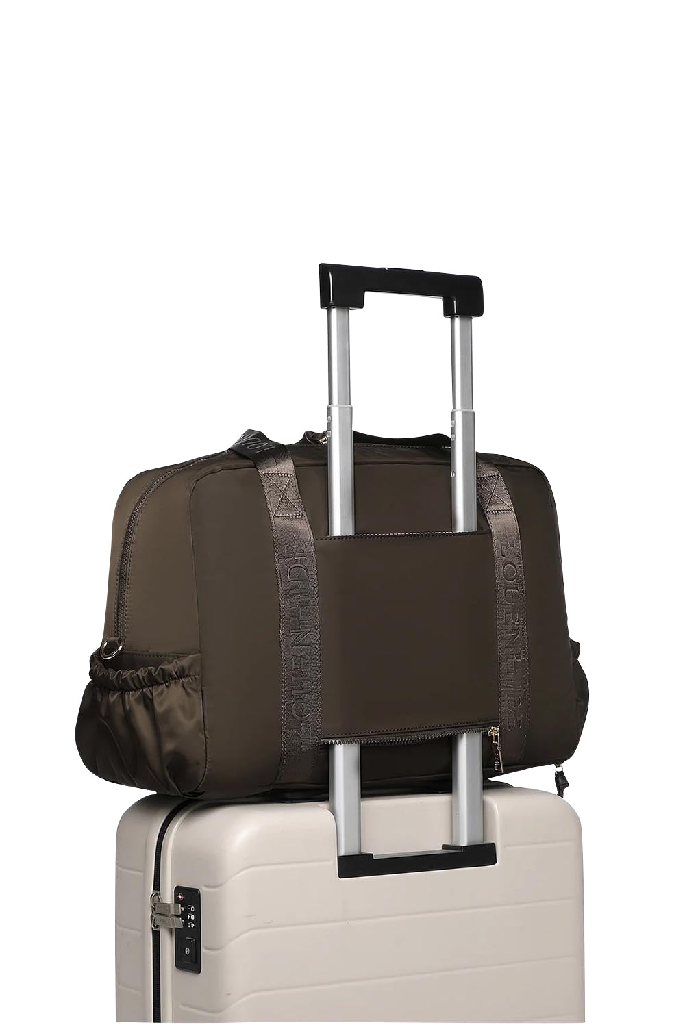 Product shot of the Jenn Nylon Travel Bag - Chocolate in colour Chocolate, showing detail