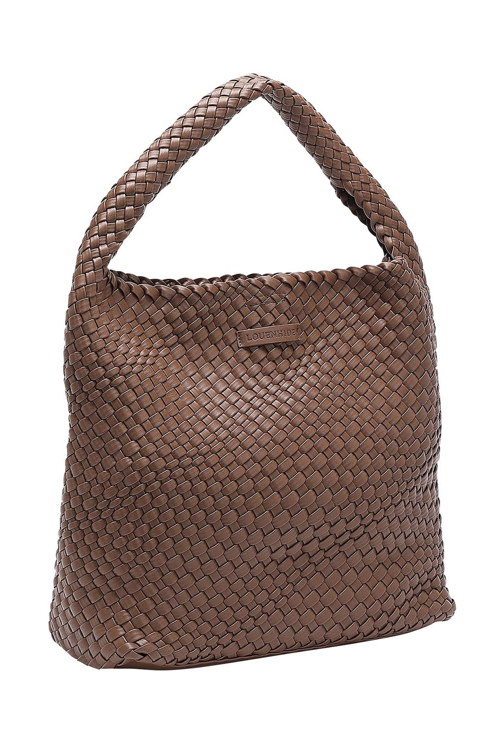 Product shot of the Gabby Woven Shoulder Bag in colour Chocolate, detail