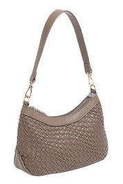 Product shot of the Lucia Woven Shoulder Bag in colour Chocolatew, detail