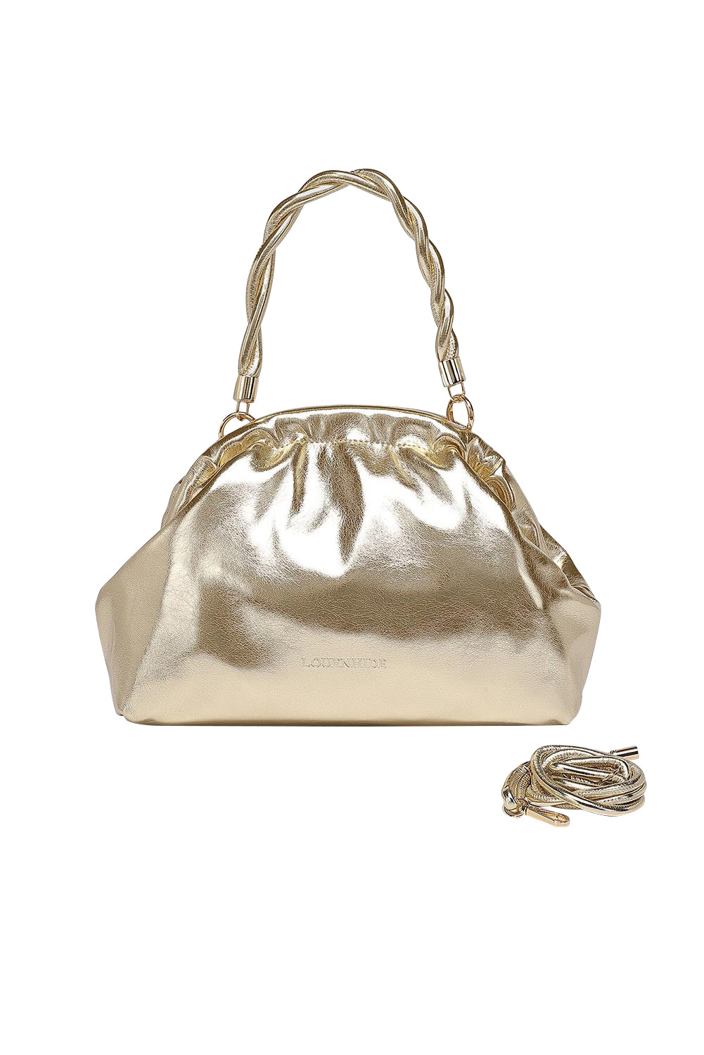 Product shot of the Lotus Clutch Bag in colour Gold (Metallics), detail
