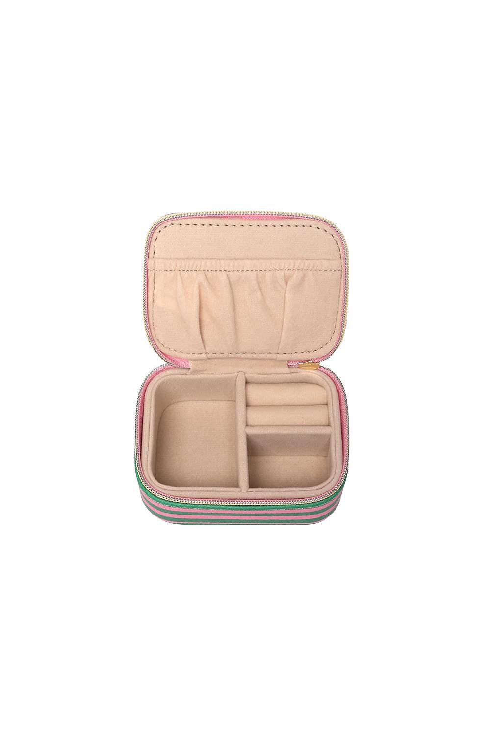 Product shot of the Suzie Stripe Jewellery Box - Greenpinkstripe in colour Greenpinkstripe, from the back