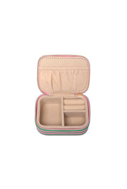 Product shot of the Suzie Stripe Jewellery Box - Greenpinkstripe in colour Greenpinkstripe, from the back