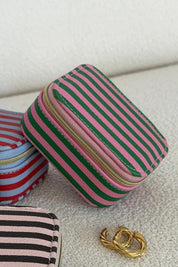 Product shot of the Suzie Stripe Jewellery Box - Greenpinkstripe in colour Greenpinkstripe, from the front