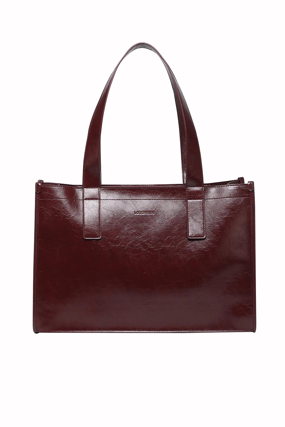 Product shot of the Riley Tote Bag in colour Burgundy (Red), from the front