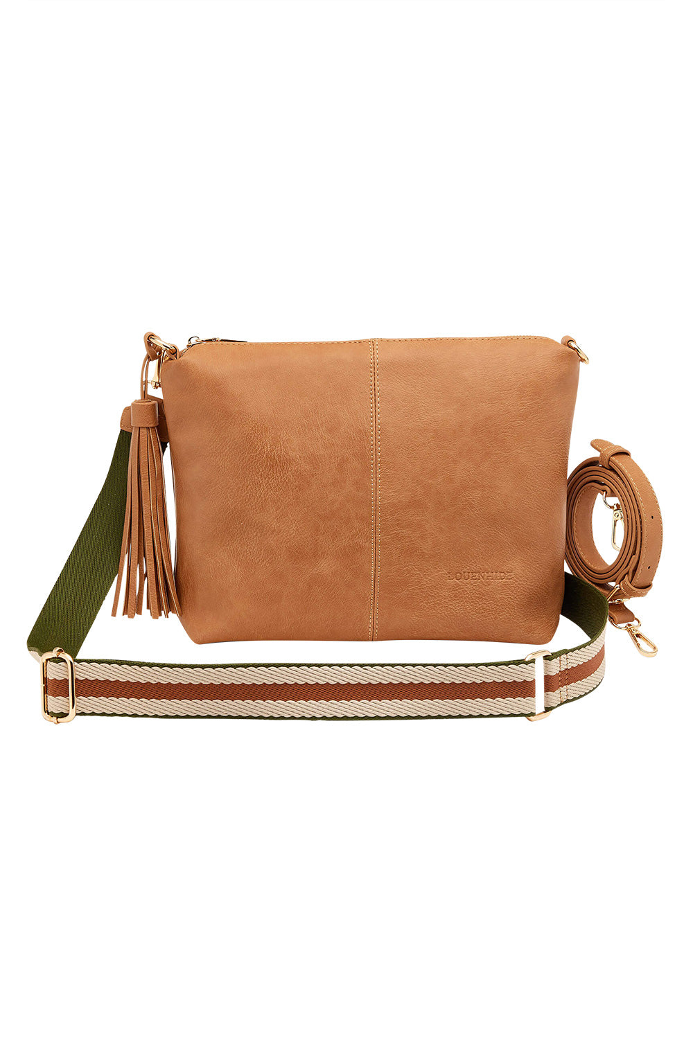 Product shot of the Daisy Crossbody Bag in colour Camel, from the front