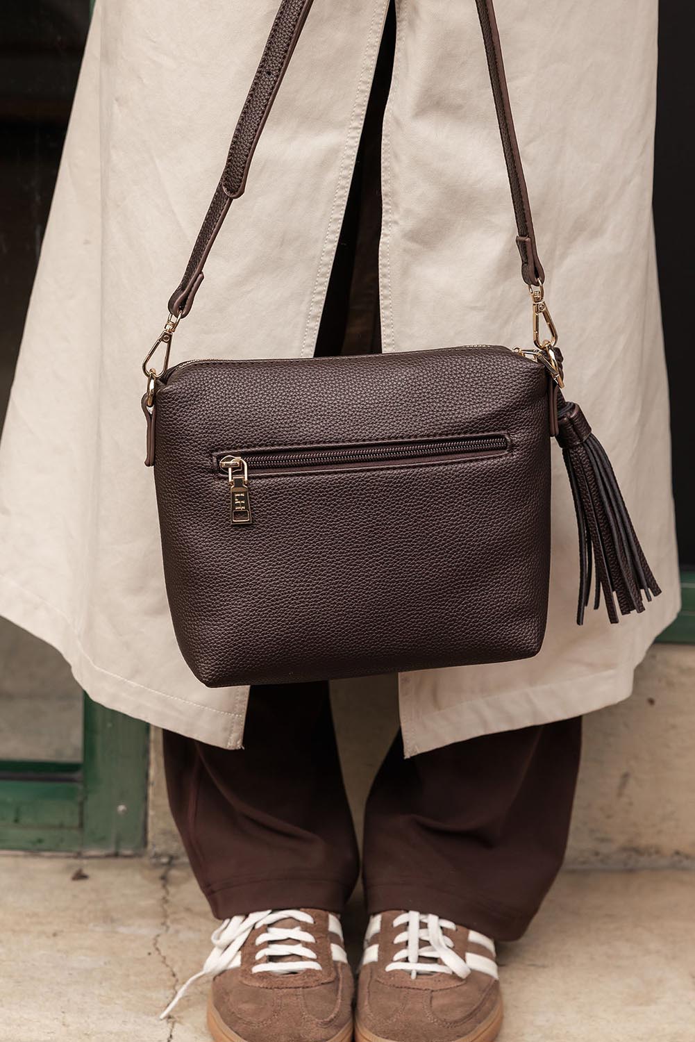 Product shot of the Kasey Crossbody Bag - Chocolate in colour Chocolate, showing detail