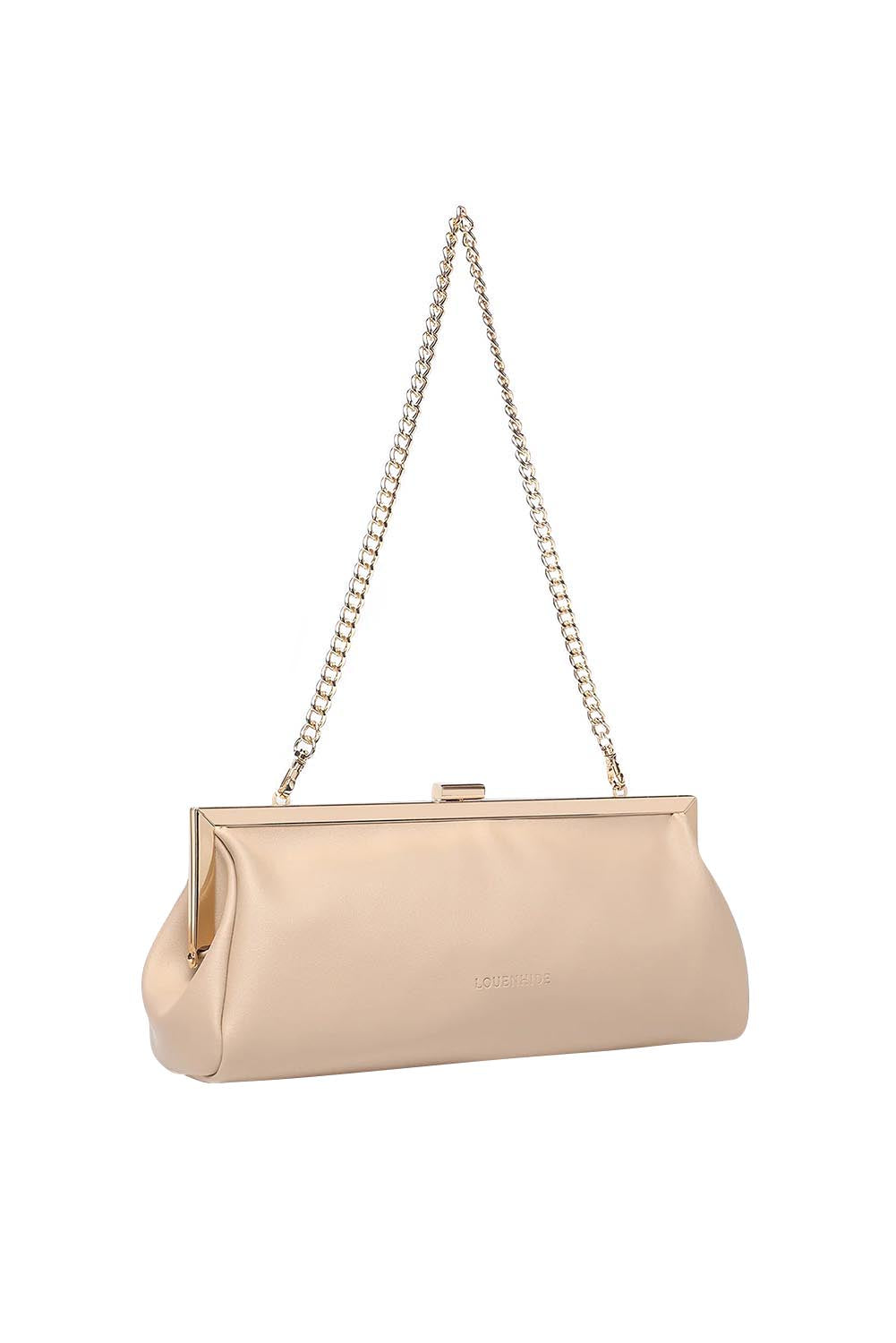 Product shot of the Maya Clutch - Nude in colour Nude, showing detail