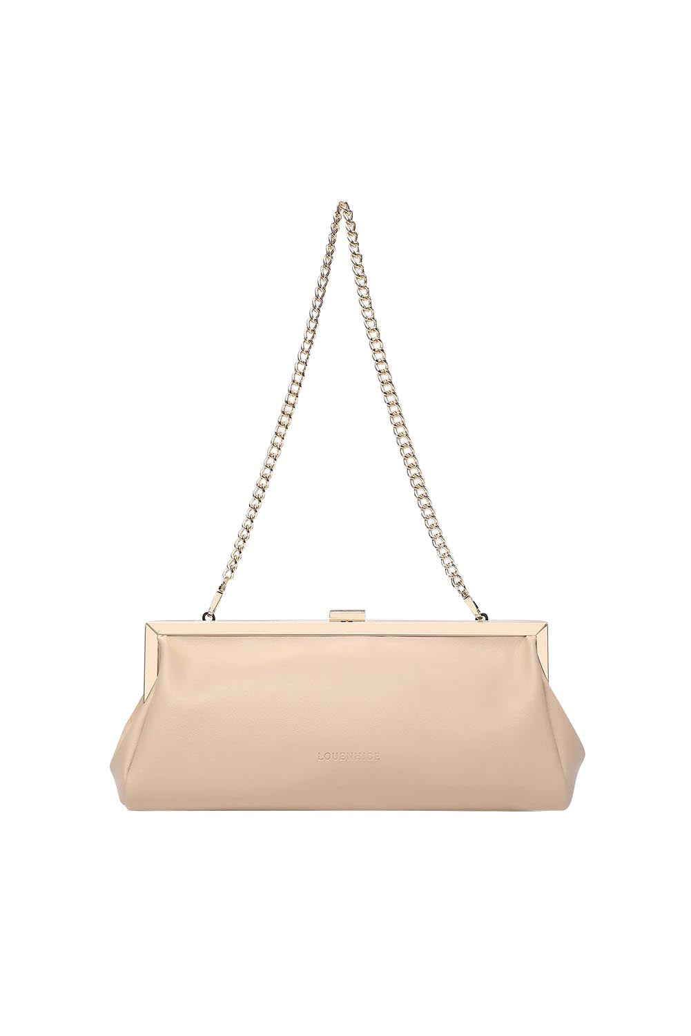 Product shot of the Maya Clutch - Nude in colour Nude, from the front