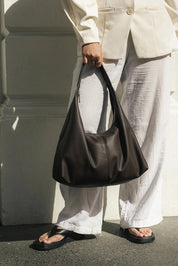 Product shot of the Valentina Slouch Shoulder Bag - Chocolate in colour Chocolate, from the front