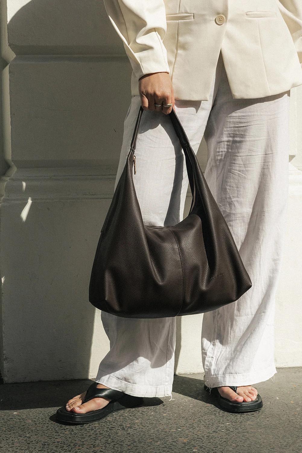 Product shot of the Valentina Slouch Shoulder Bag - Chocolate in colour Chocolate, from the front