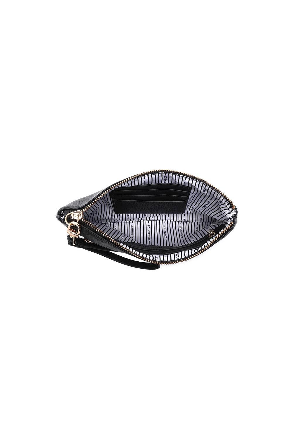 Product shot of the Mimi Clutch - Black in colour Black, showing detail