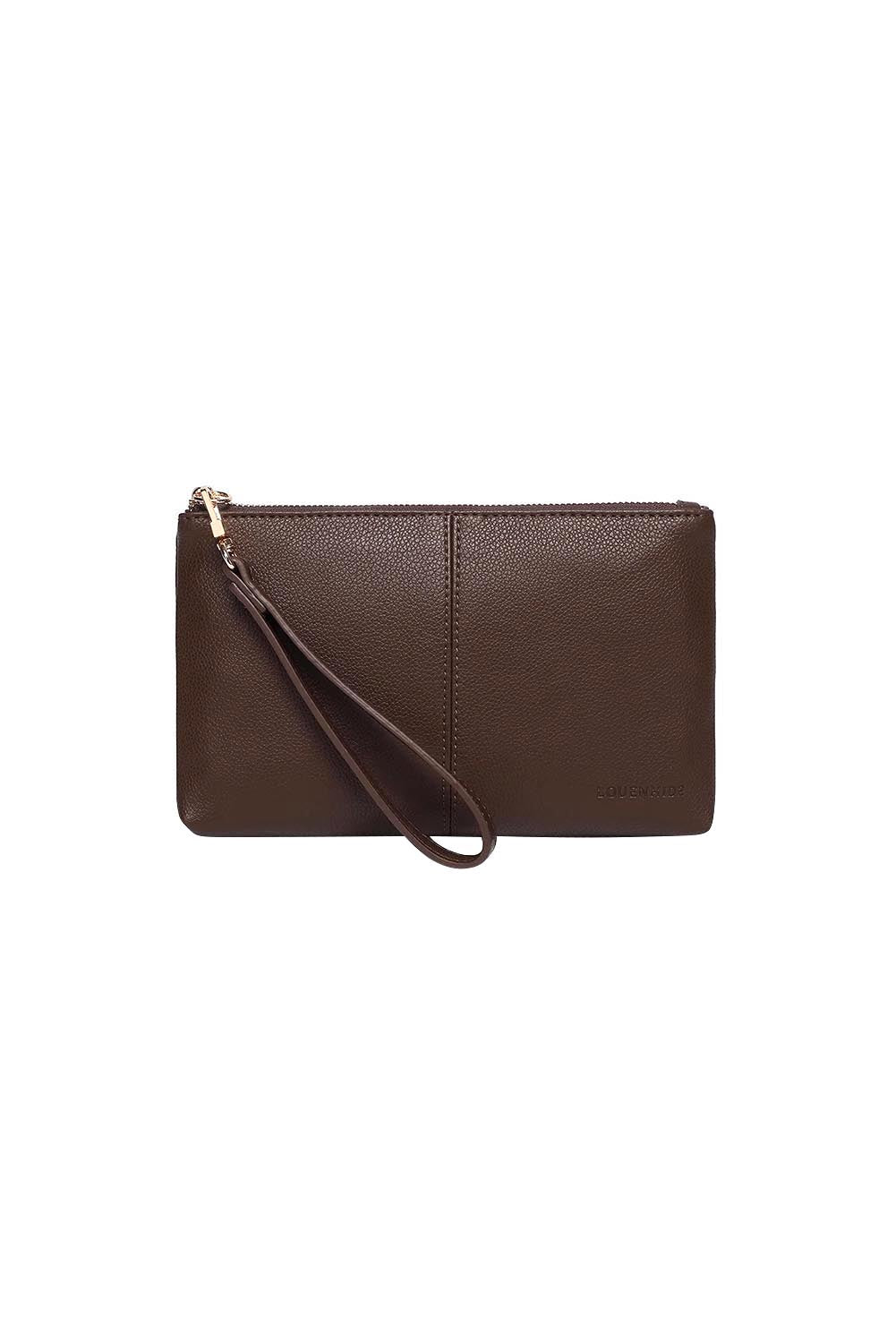 Product shot of the Mimi Clutch - Chocolate in colour Chocolate, from the back