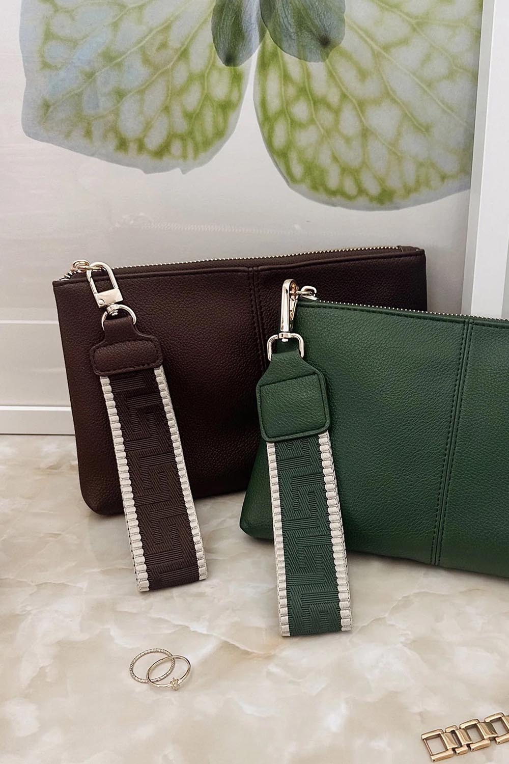 Product shot of the Mimi Clutch - Chocolate in colour Chocolate, showing detail